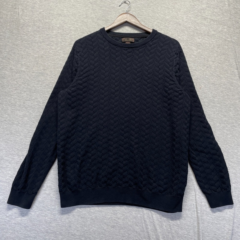 Tasso Elba Sweater Mens Large Black Cotton Cable Knit Long Sleeve Crew Neck